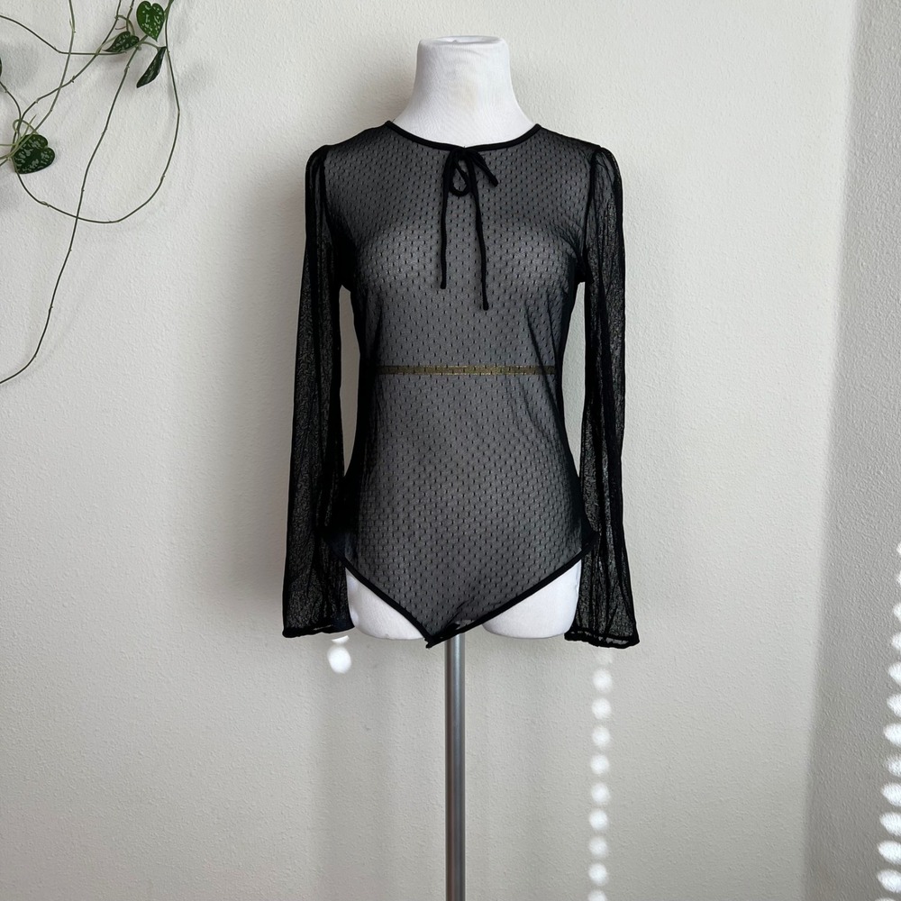 Forever 21 Black Sheer Pointelle Mesh Long Sleeve Tie Neck Bodysuit Medium Q9371